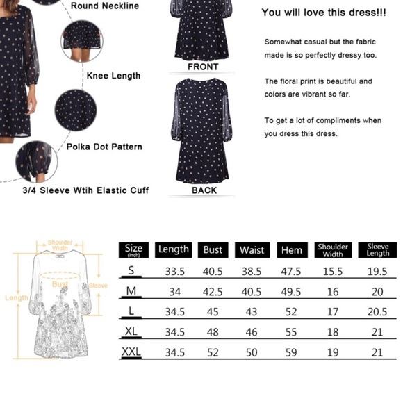 DJT Shift Chiffon Dress 3/4 Sleeve Elastic Cuff Knee Length Floral Print Lined - Picture 13 of 14